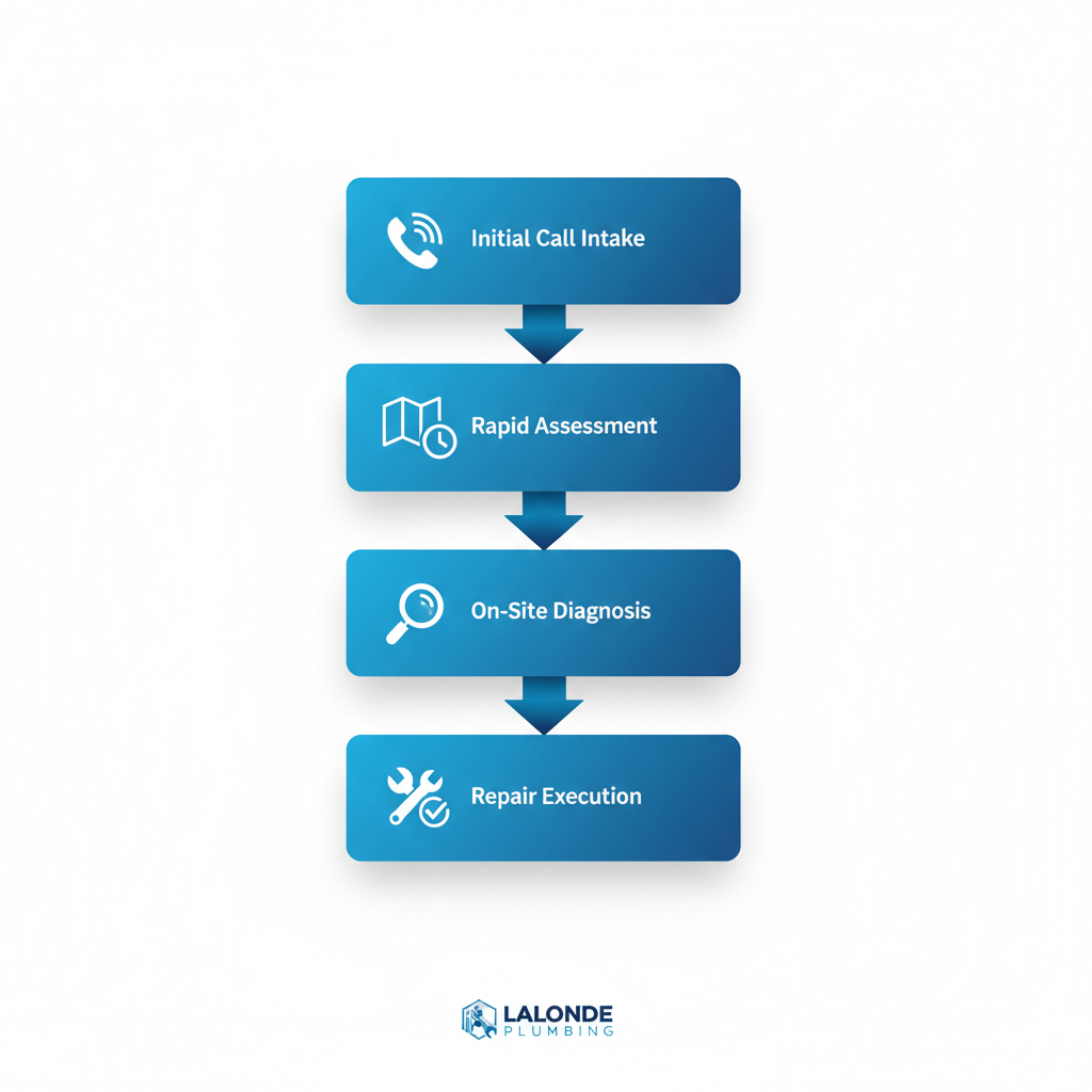 Vertical process flow diagram of emergency plumbing service steps in Rochester, NY