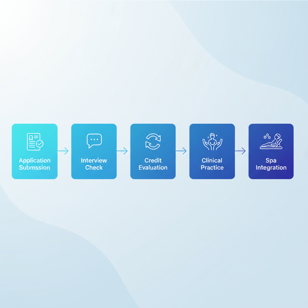 Horizontal process flow diagram of five key steps in Minnesota massage therapy training: application submission, interview and prerequisites, credit transfer evaluation, clinical practice start, and spa integration with client sessions.