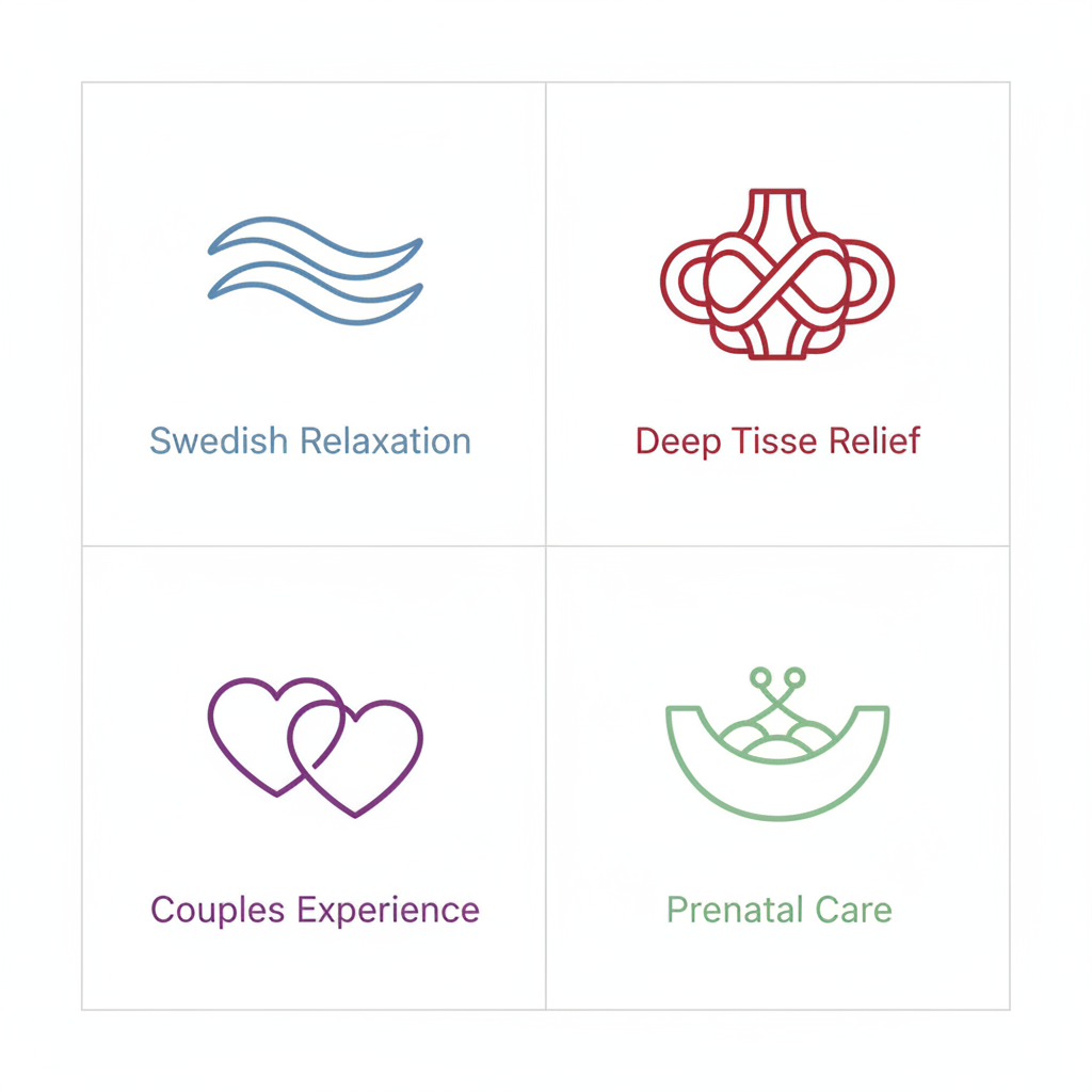 Grid of icons depicting Swedish relaxation, deep tissue relief, couples experience, and prenatal care massage services at CLOVR Life Spa.