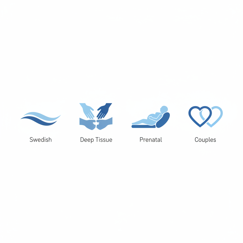 Set of four icons showing Swedish, deep tissue, prenatal, and couples massage services in minimalist style.