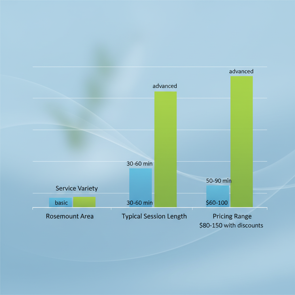 Bar chart comparing massage therapy services, session lengths, and pricing between Rosemount and Apple Valley.