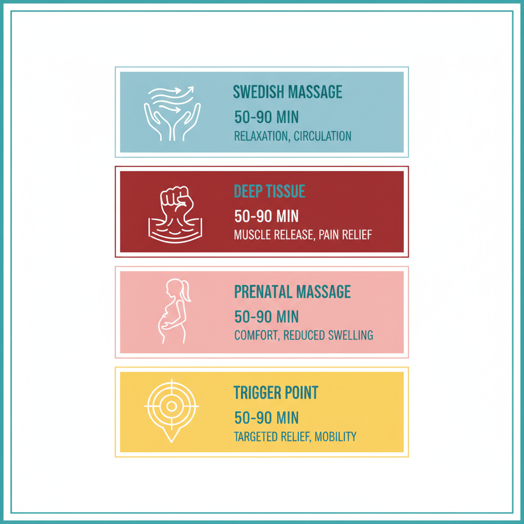 Infographic showing four massage services: Swedish, deep tissue, prenatal, and trigger point with icons, durations, and benefits