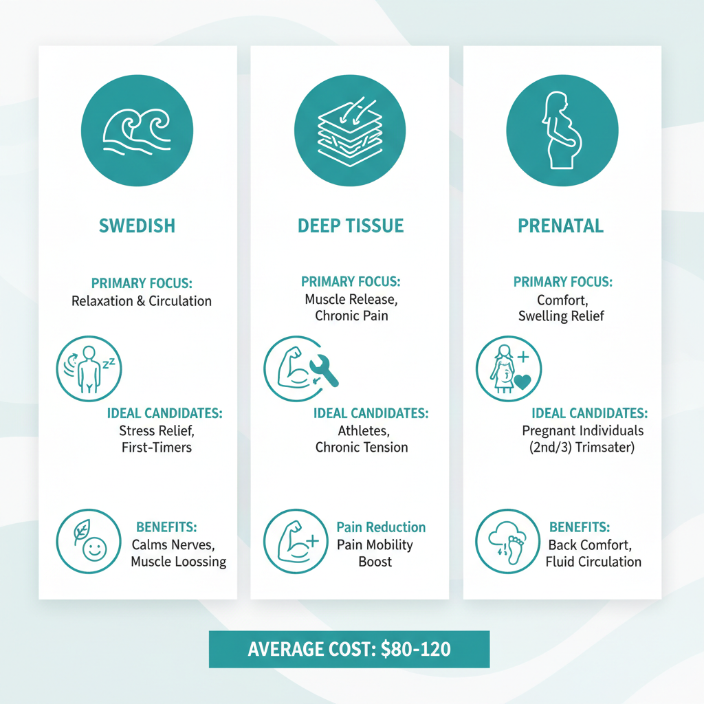 Infographic comparing Swedish, Deep Tissue, and Prenatal massage types in Burnsville area, including focuses, ideal users, benefits, and average costs.