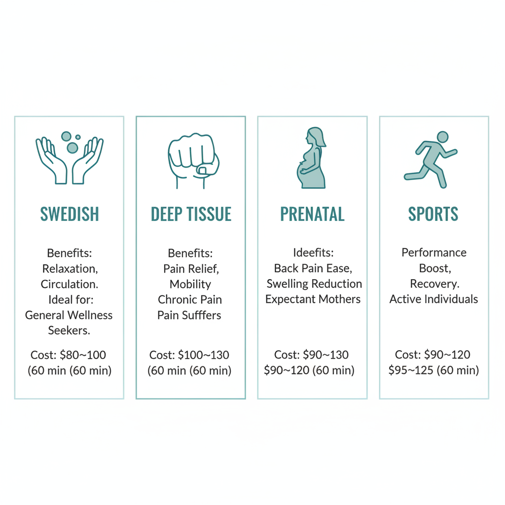 Infographic comparing Swedish, Deep Tissue, Prenatal, and Sports massage types with icons, benefits, ideal candidates, and costs.