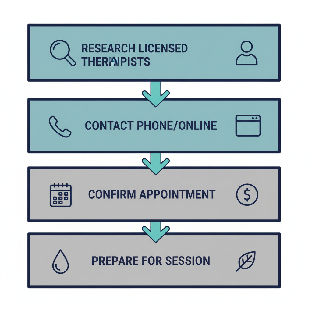 Vertical process flow diagram showing four steps to book a massage in Savage, Minnesota, including research, contact, confirmation, and preparation.