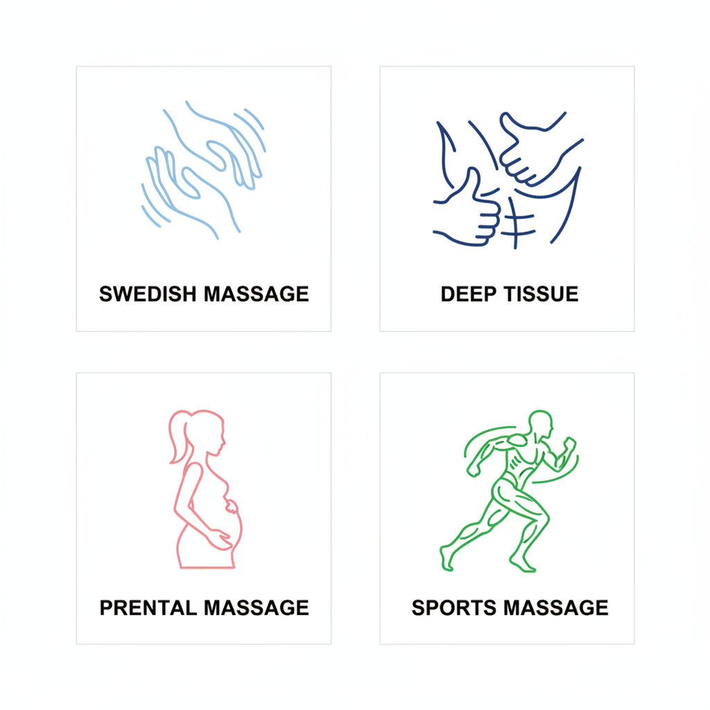 Icons of Swedish, deep tissue, prenatal, and sports massage types for services near Eagan