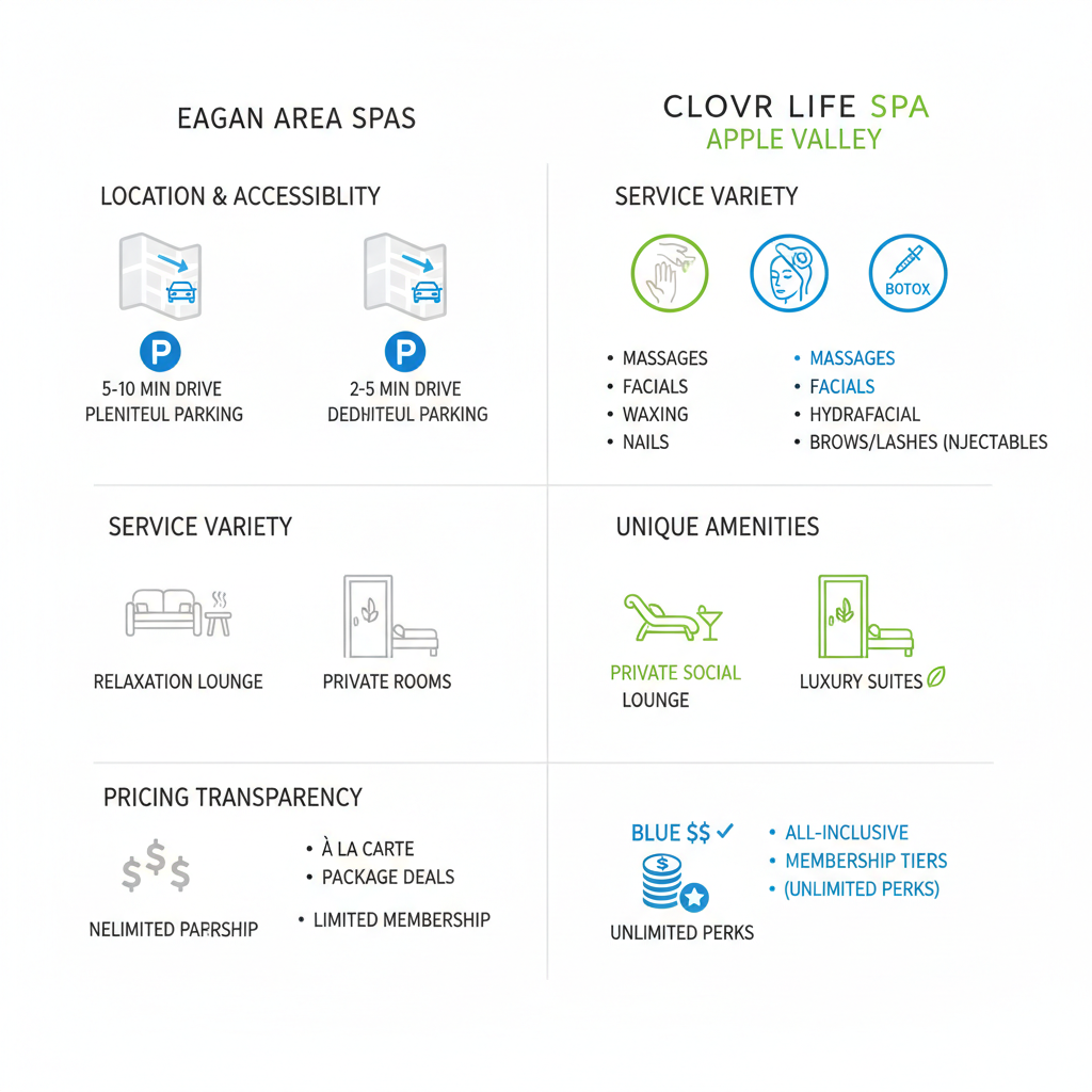 Infographic comparing features of Eagan area spas and CLOVR Life Spa Apple Valley including location, services, amenities, and pricing.