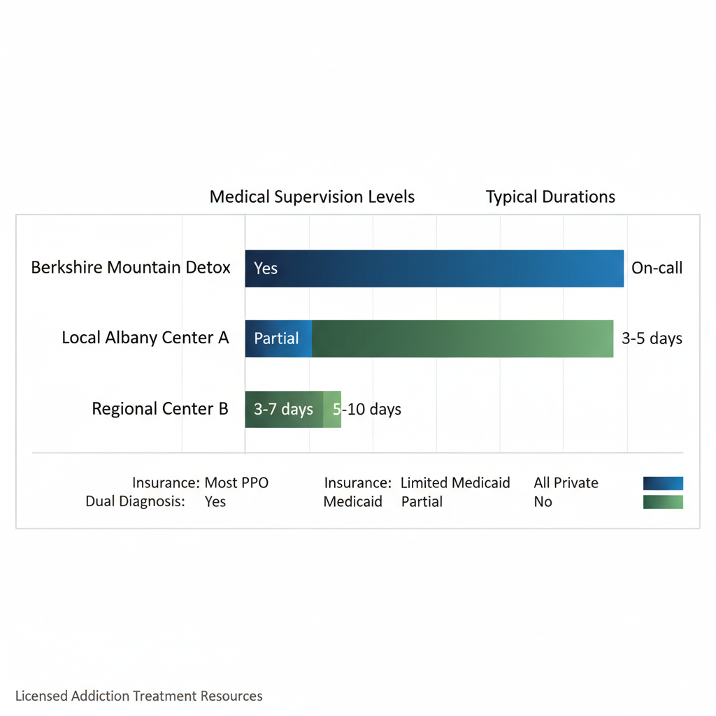 Bar chart illustrating comparison of alcohol detox facility features near Albany, New York, highlighting supervision and duration differences.