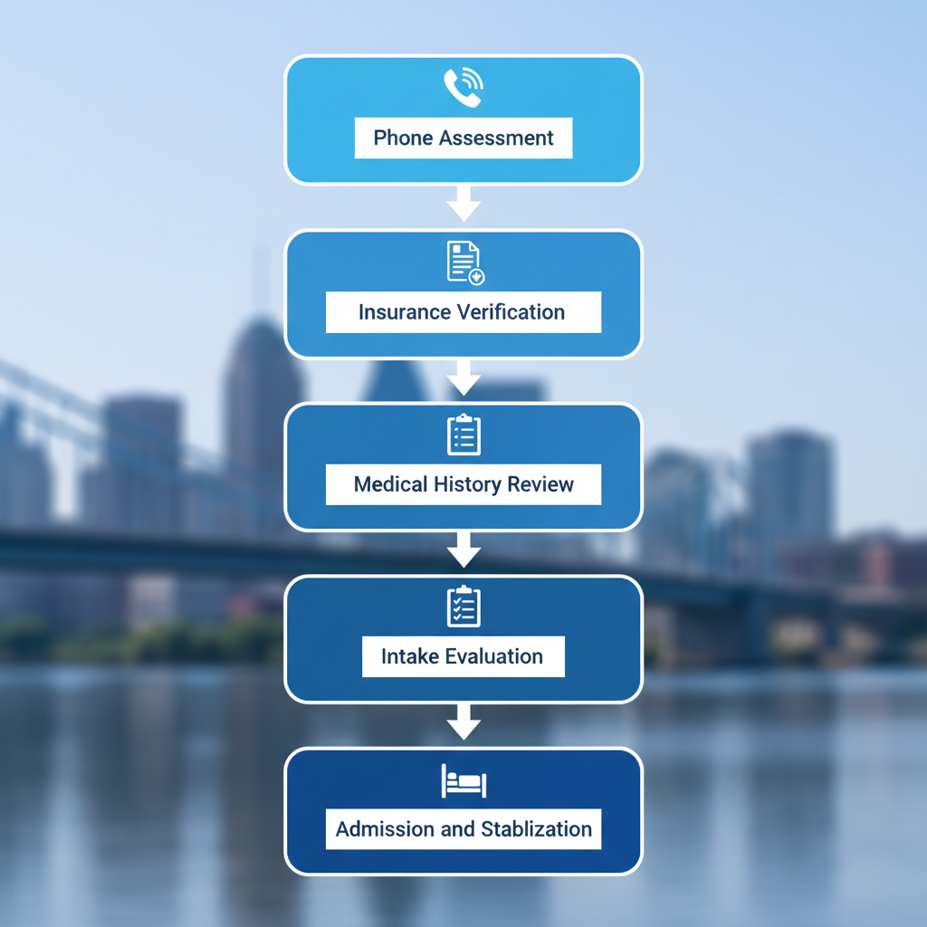 Vertical process flow diagram illustrating the five key steps to start alcohol detox treatment near Albany, including phone assessment, insurance verification, medical history review, intake evaluation, and admission stabilization with icons.