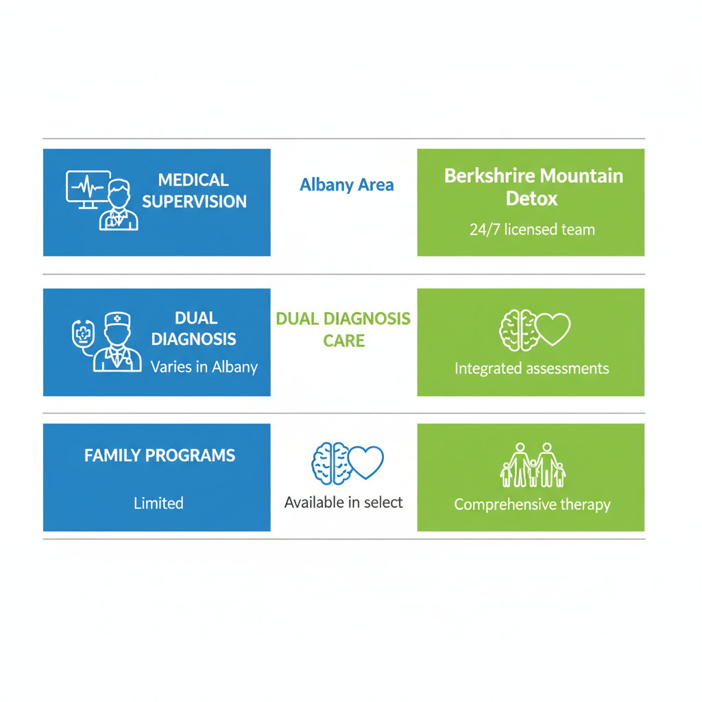 Infographic comparing inpatient rehab services: medical supervision, dual diagnosis care, and family programs in Albany area versus Berkshire Mountain Detox