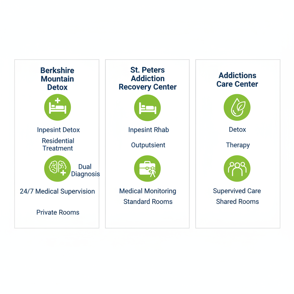 Infographic comparing three drug rehab facilities near Albany, New York: Berkshire Mountain Detox, St. Peter's, and Addictions Care Center