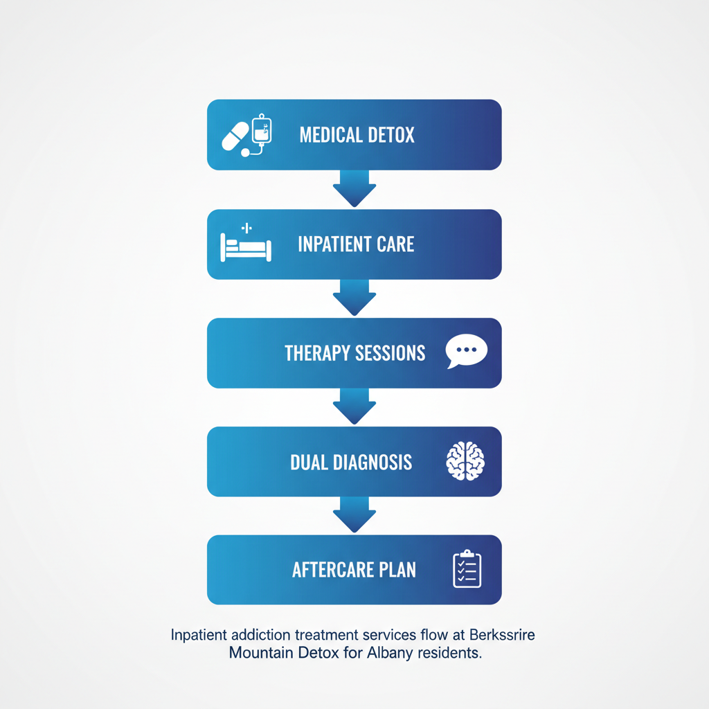 Vertical process flow illustrating five key stages of addiction treatment services at Berkshire Mountain Detox for Albany residents