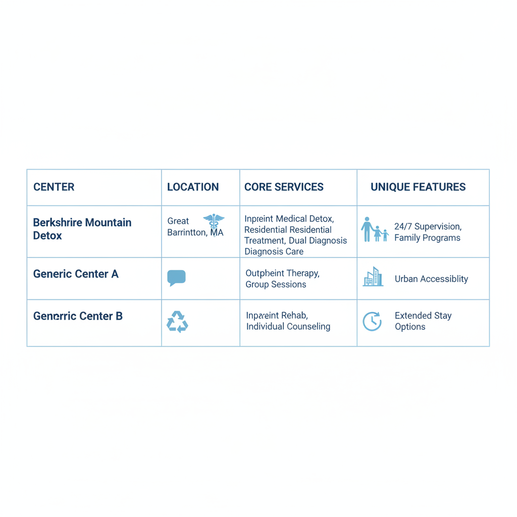 Infographic comparing dual diagnosis treatment centers in Massachusetts with locations, services, and features.