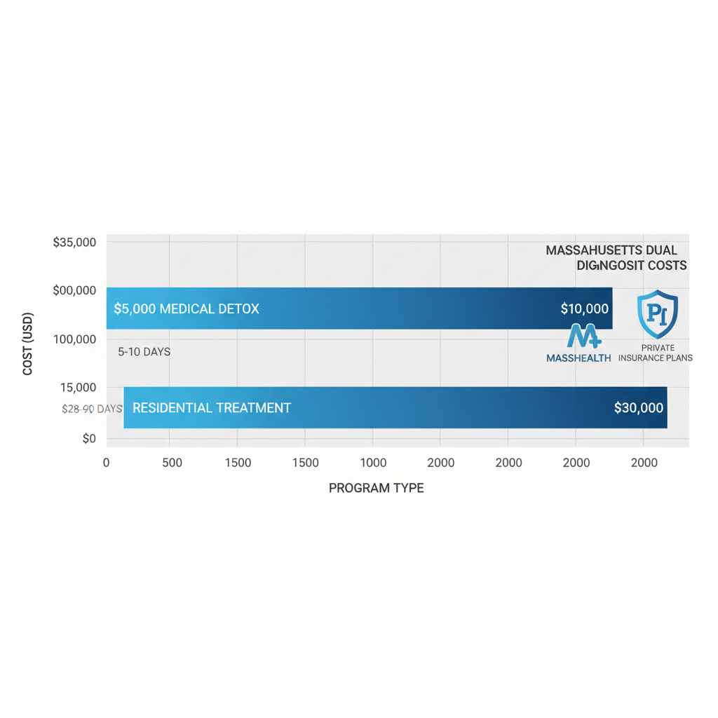 Horizontal bar chart illustrating cost ranges and durations for dual diagnosis treatment programs in Massachusetts.