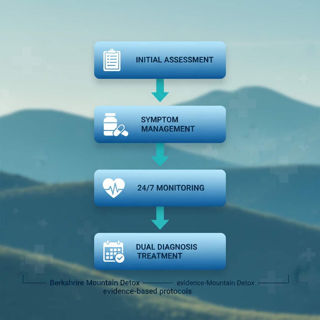 Vertical process flow diagram illustrating the five stages of inpatient medical detox at Berkshire Mountain Detox, including assessment, management, monitoring, treatment, and planning with icons.