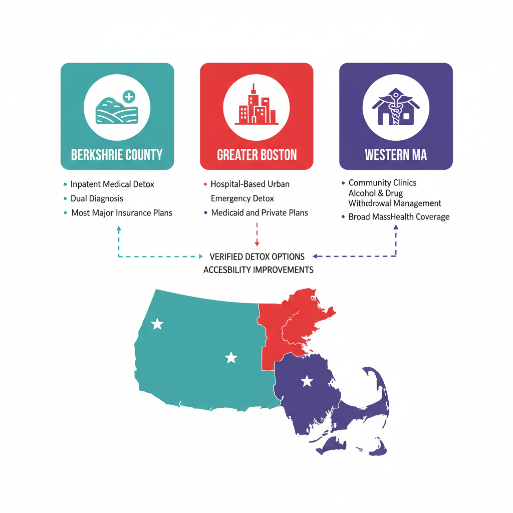 Infographic comparing detox facilities and insurance options in Berkshire County, Greater Boston, and Western Massachusetts regions