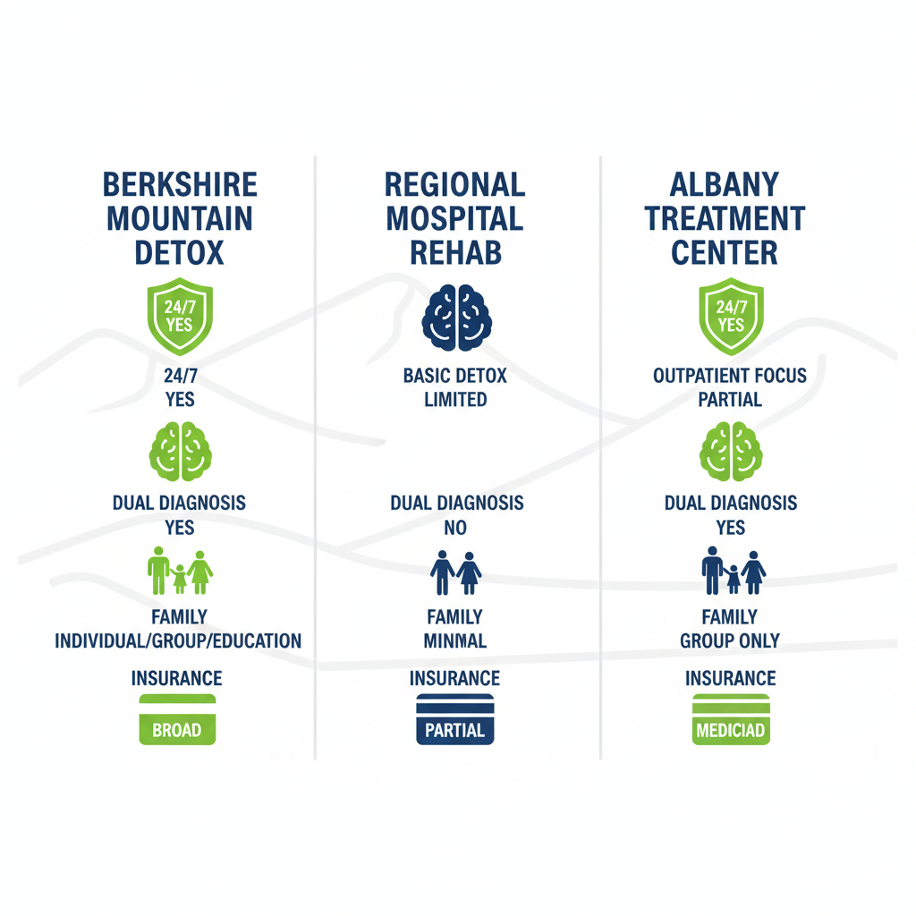 Infographic comparing key features of three drug rehab facilities in Berkshire County
