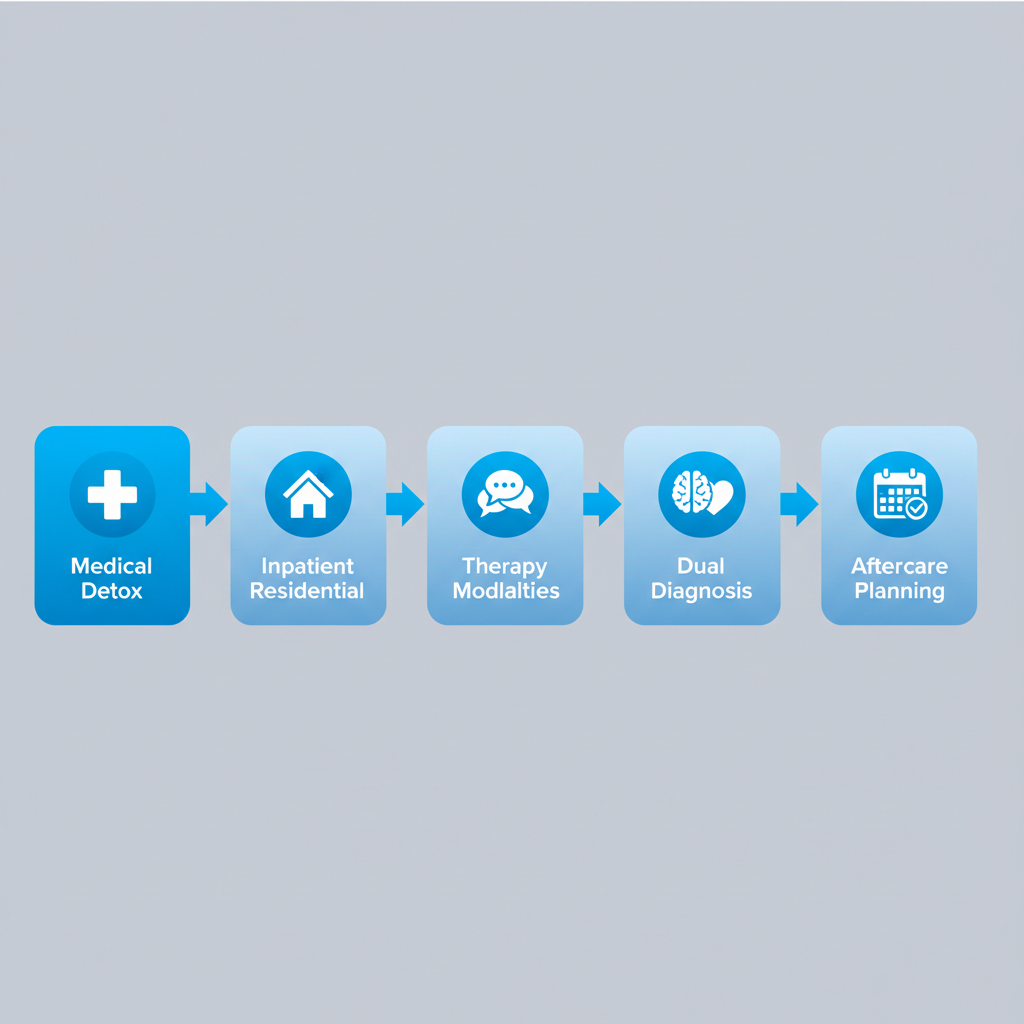 Horizontal process flow diagram illustrating five stages of drug rehab services in Massachusetts: medical detox, inpatient residential treatment, therapy modalities, dual diagnosis integration, and aftercare planning.