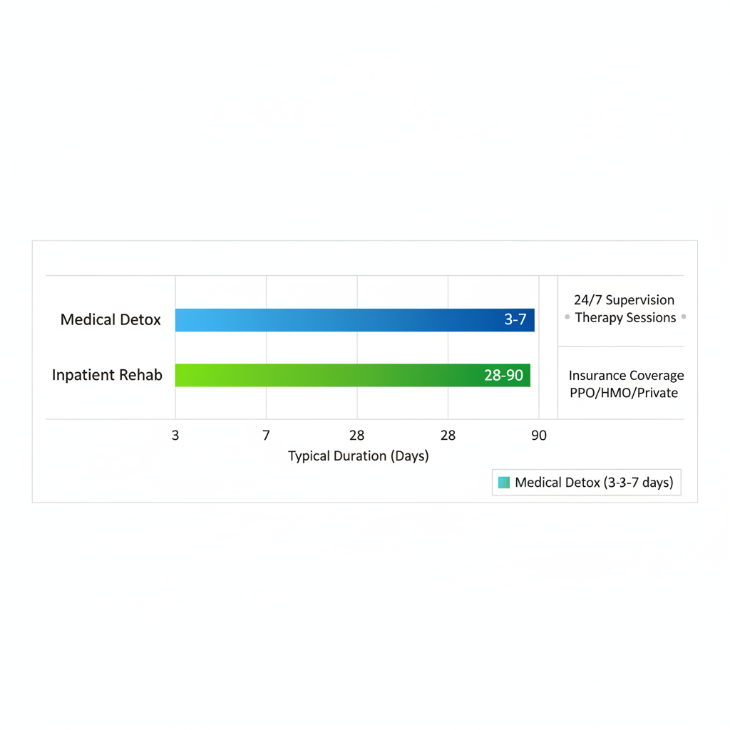 Horizontal bar chart comparing durations and features of medical detox and inpatient rehab options near Albany, New York