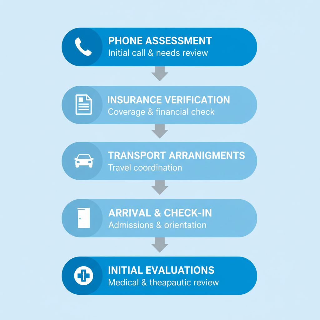 Vertical process flow diagram showing five steps to begin addiction recovery: phone assessment, insurance verification, transport, arrival, and initial evaluations with icons and brief descriptions.