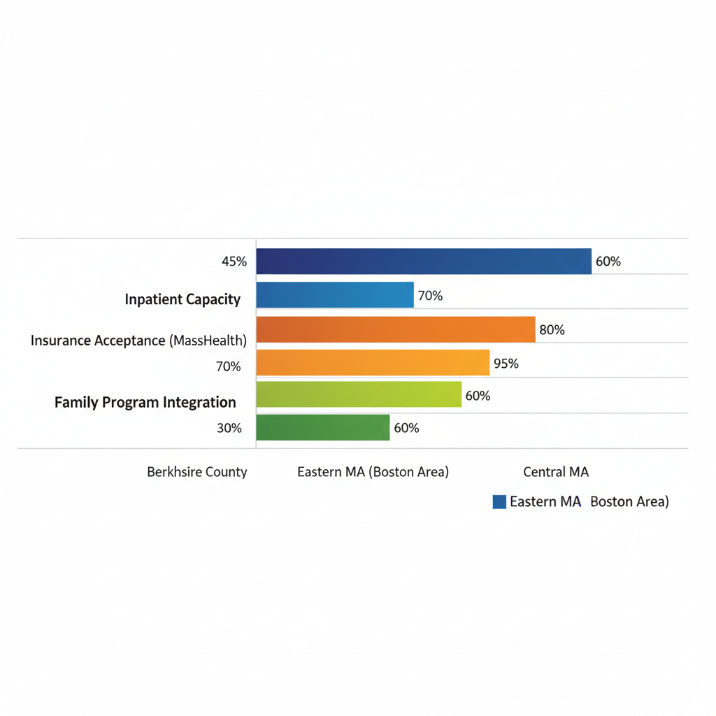 Horizontal bar chart comparing dual diagnosis treatment capacity, insurance acceptance, and family program integration across Berkshire County, Eastern MA, and Central MA regions.