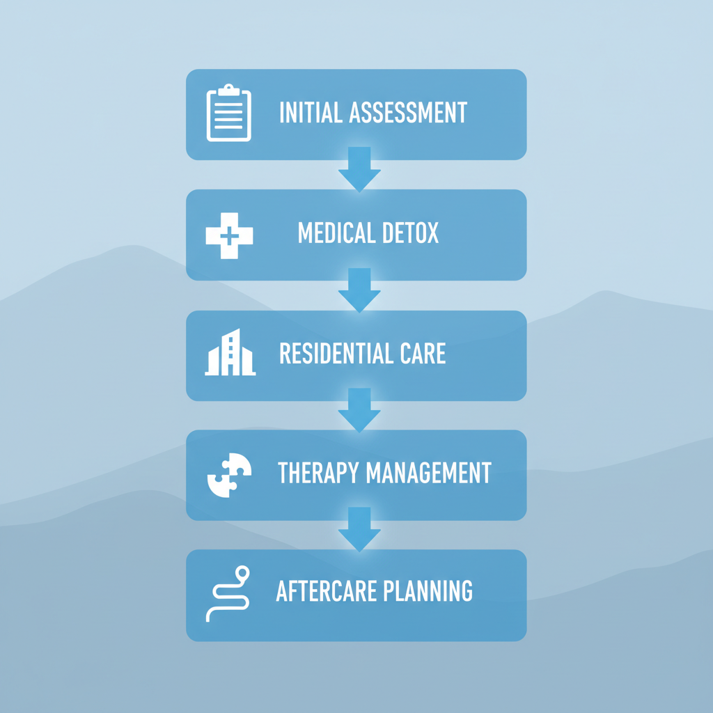 Vertical process flow diagram illustrating dual diagnosis services progression at Berkshire Mountain Detox