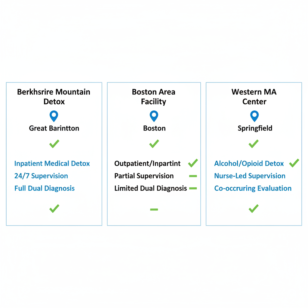 Infographic comparing three detox centers in Massachusetts: features, supervision, and dual diagnosis capabilities
