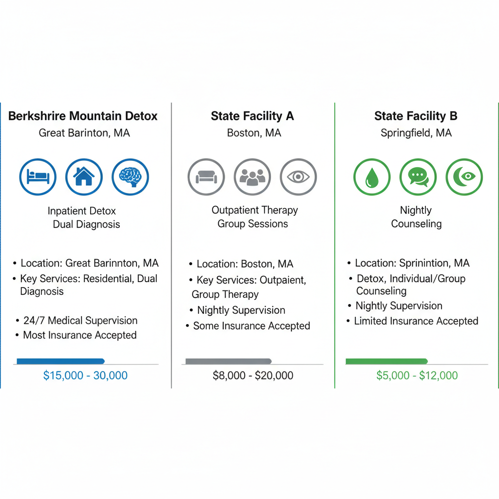 Infographic comparing alcohol rehab centers in Massachusetts, featuring Berkshire Mountain Detox with services and cost bars.