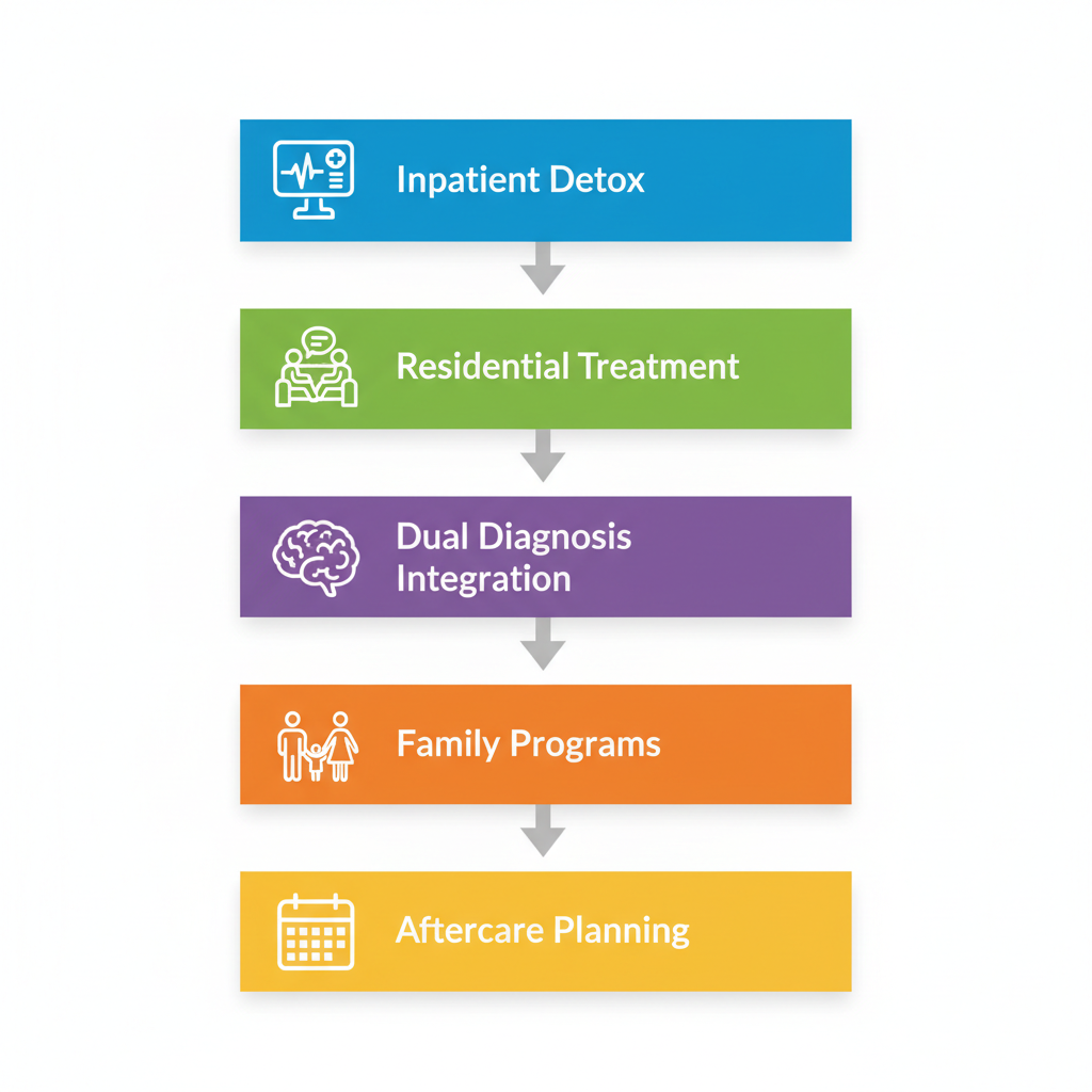 Vertical process flow diagram showing five stages of alcohol rehab services: inpatient detox, residential treatment, dual diagnosis, family programs, and aftercare planning.