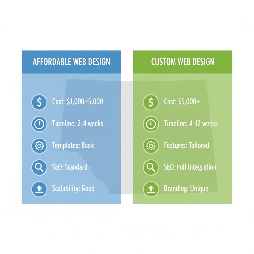 Infographic comparing affordable and custom web design options with costs, timelines, and features for Edmonton businesses.