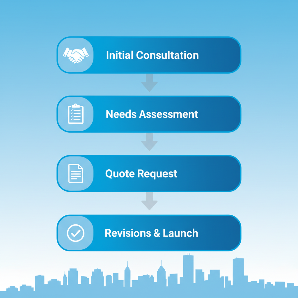 Vertical process flow diagram illustrating five key steps for starting a web design project in Edmonton: initial consultation, needs assessment, quote request, design kickoff, and revisions and launch.
