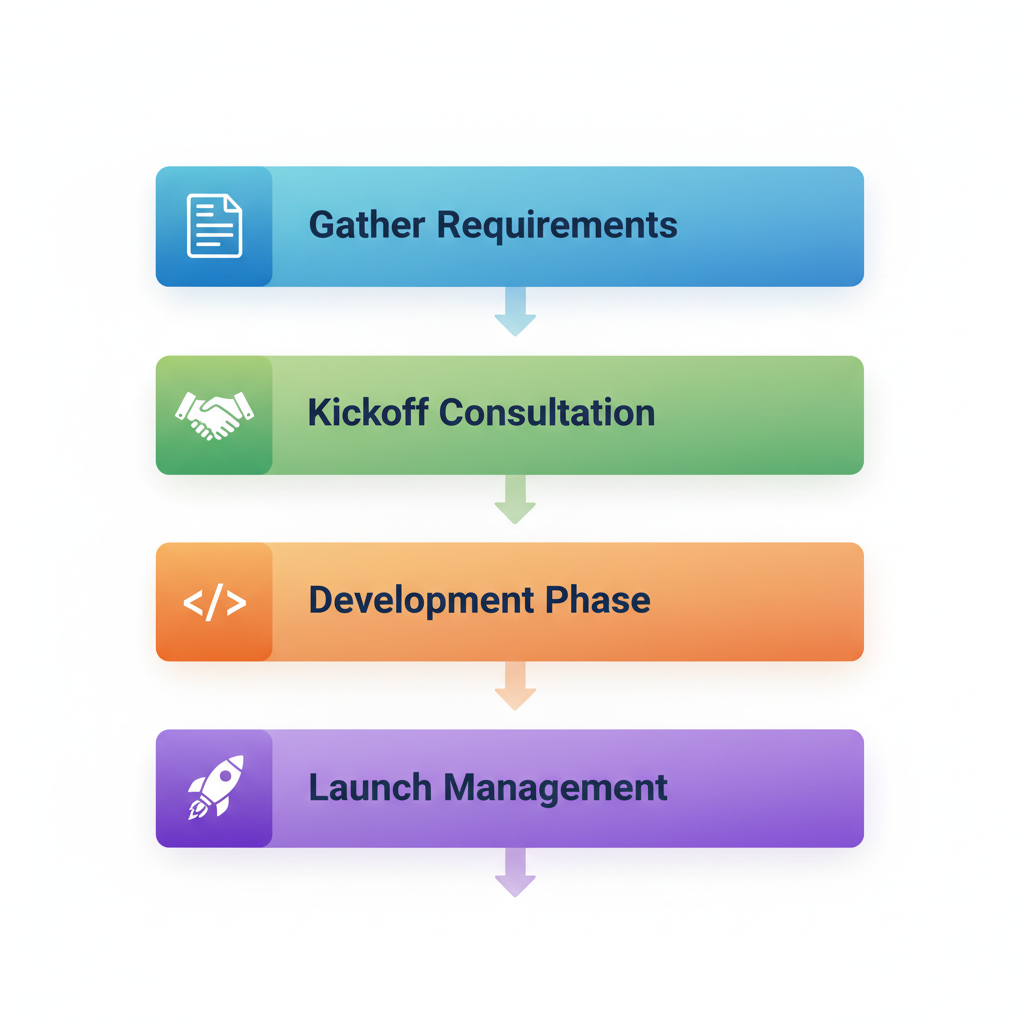 Vertical process flow diagram illustrating four sequential stages to start a web development project in Edmonton, Alberta.