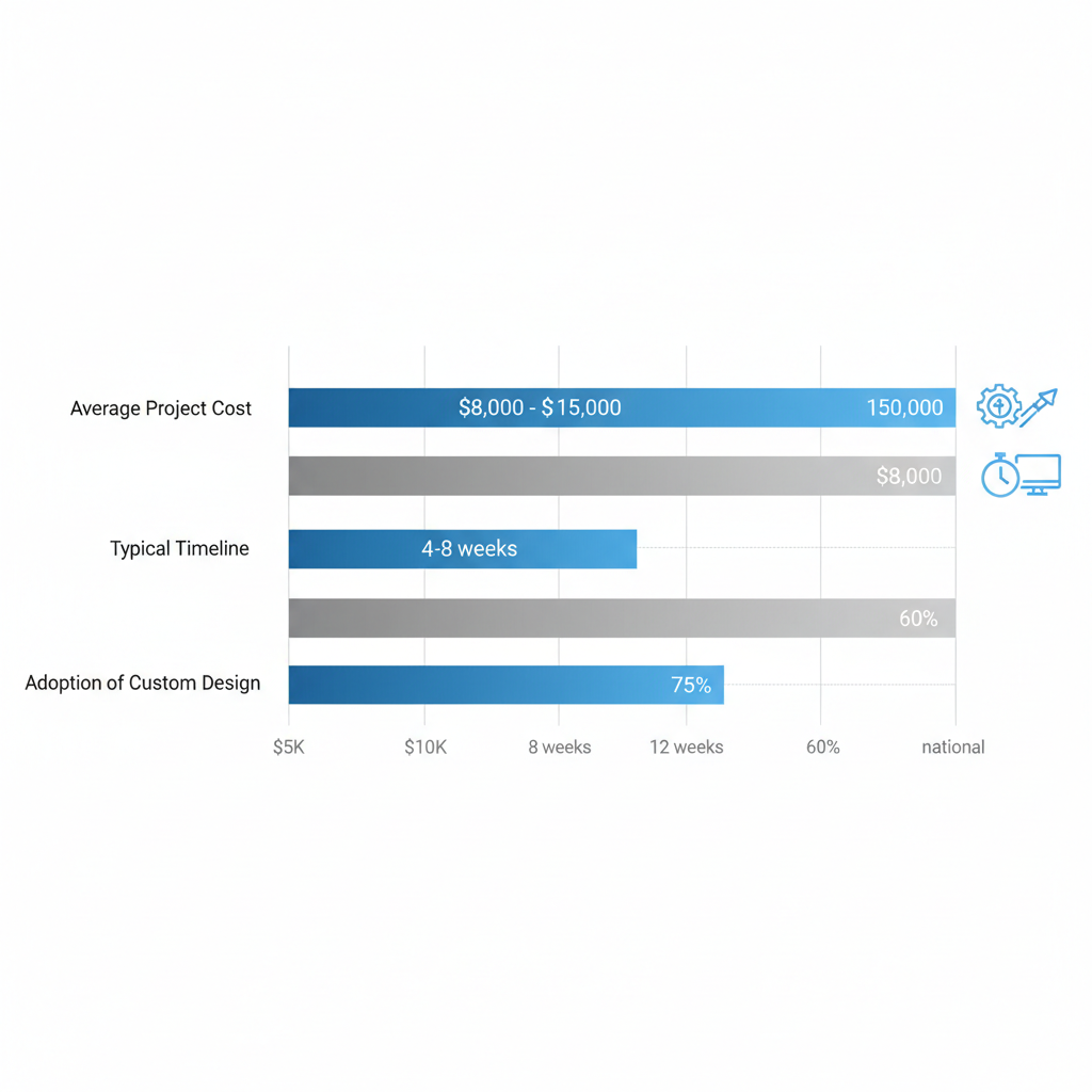 Horizontal bar chart comparing Edmonton web development costs, timelines, and custom design adoption to national averages