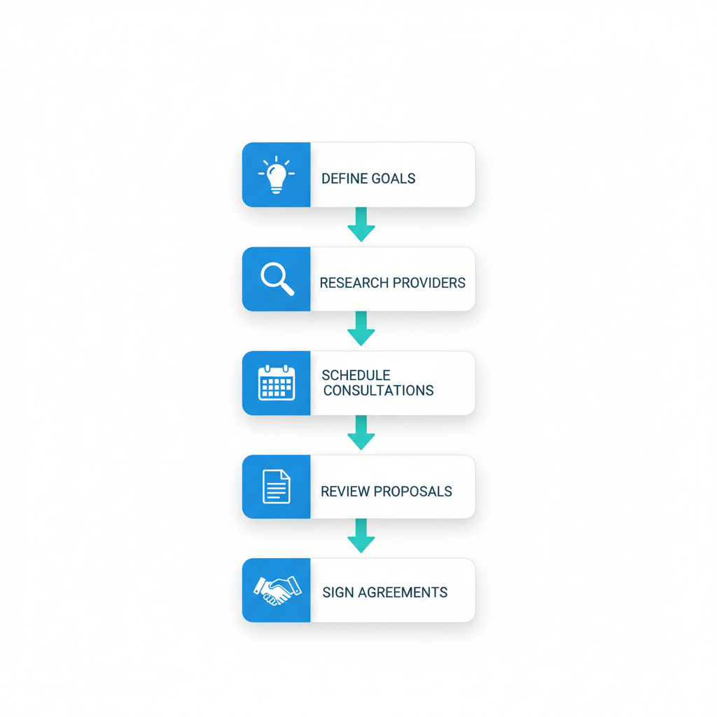 Vertical process flow diagram illustrating five steps to begin a web development project in Edmonton with icons and arrows