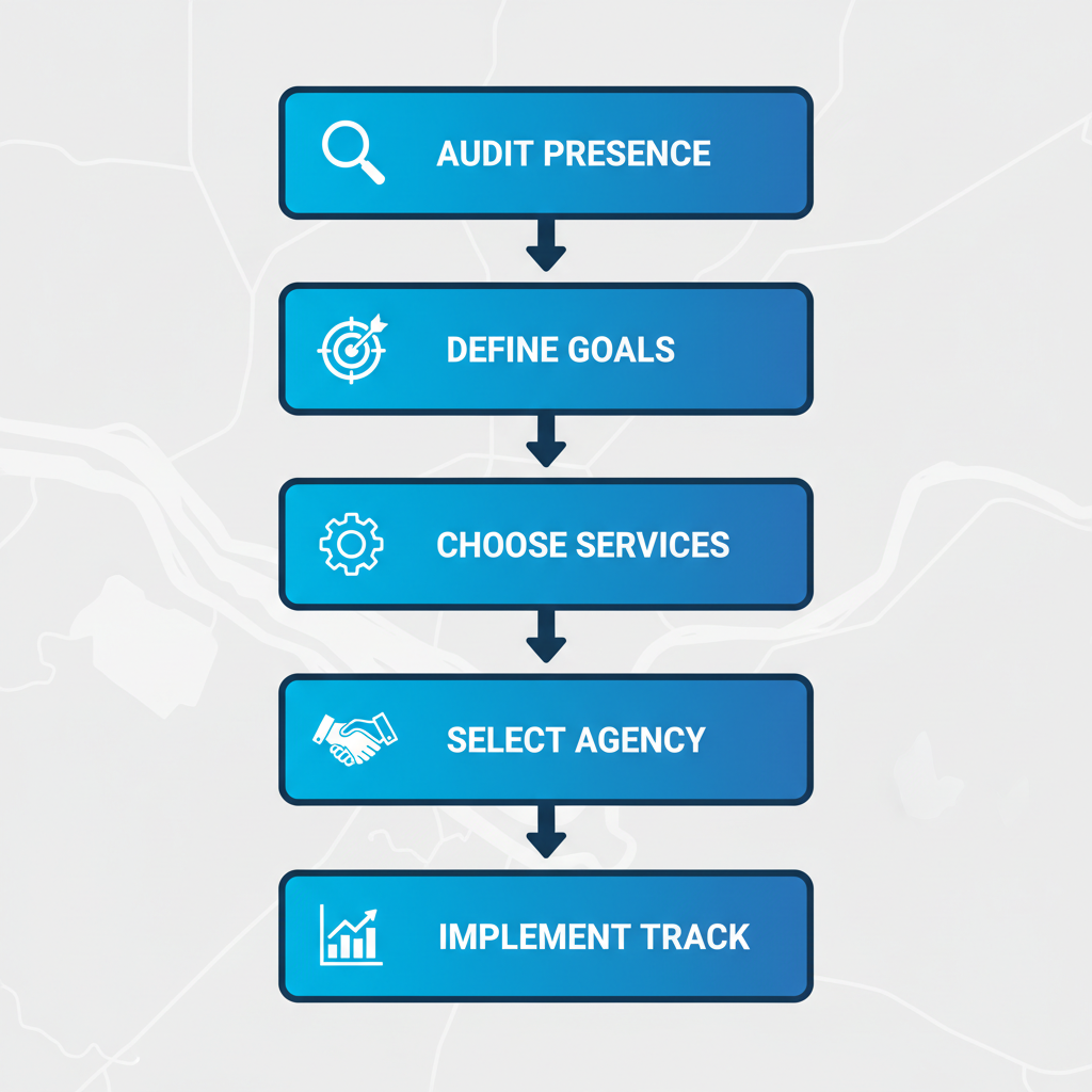 Vertical process flow diagram illustrating five steps to begin digital marketing in Edmonton with icons and connected arrows
