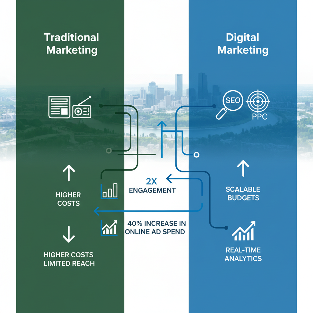 Infographic comparing traditional and digital marketing strategies for Edmonton businesses, showing metrics like 2x engagement and 40% ad spend growth.