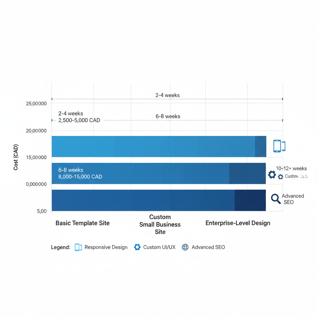 Horizontal bar chart comparing website design packages in Edmonton by cost and timeline, with icons for key features.