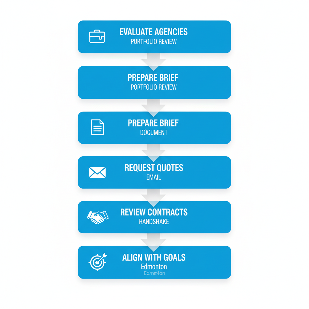 Vertical process flow illustrating the five key steps to begin website design services in Edmonton, featuring icons and minimal labels.