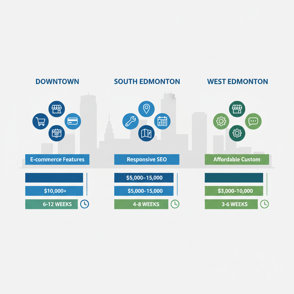 Infographic showing comparison of web design costs, timelines, and features across Edmonton neighborhoods: Downtown, South, and West.
