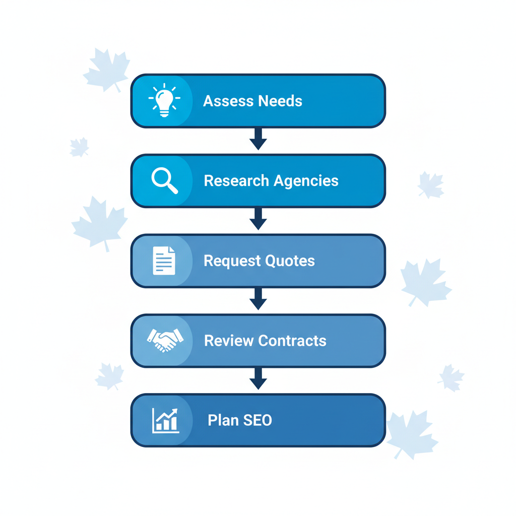Vertical process flow diagram showing five steps for starting a web design project in Edmonton with icons and labels.