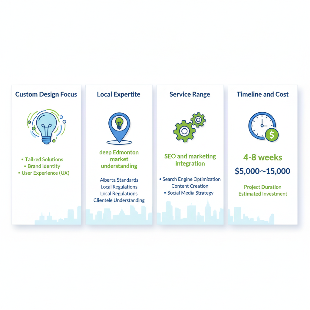 Infographic comparing criteria for web design companies in Edmonton: custom design, local expertise, service range, timeline and costs with icons.