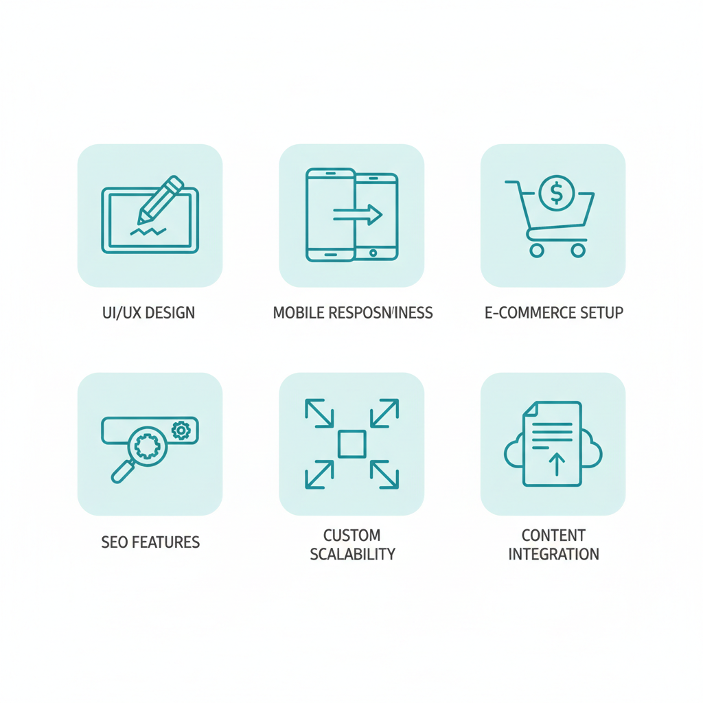 Grid of six icons illustrating key web design services: UI/UX, mobile responsiveness, e-commerce, SEO, scalability, and content integration.