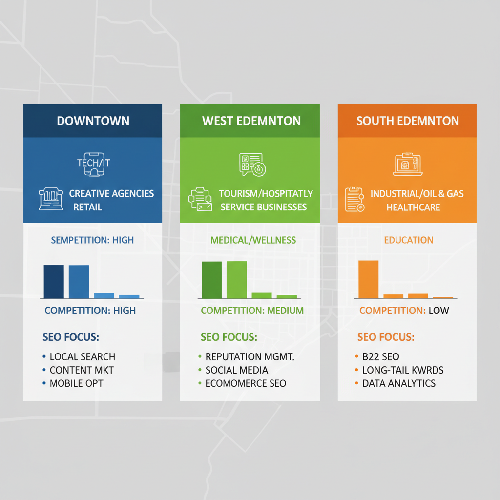 Infographic showing Edmonton's digital business landscape with panels for Downtown, West, and South areas including business icons, competition levels, SEO focuses, and optimization tactics.