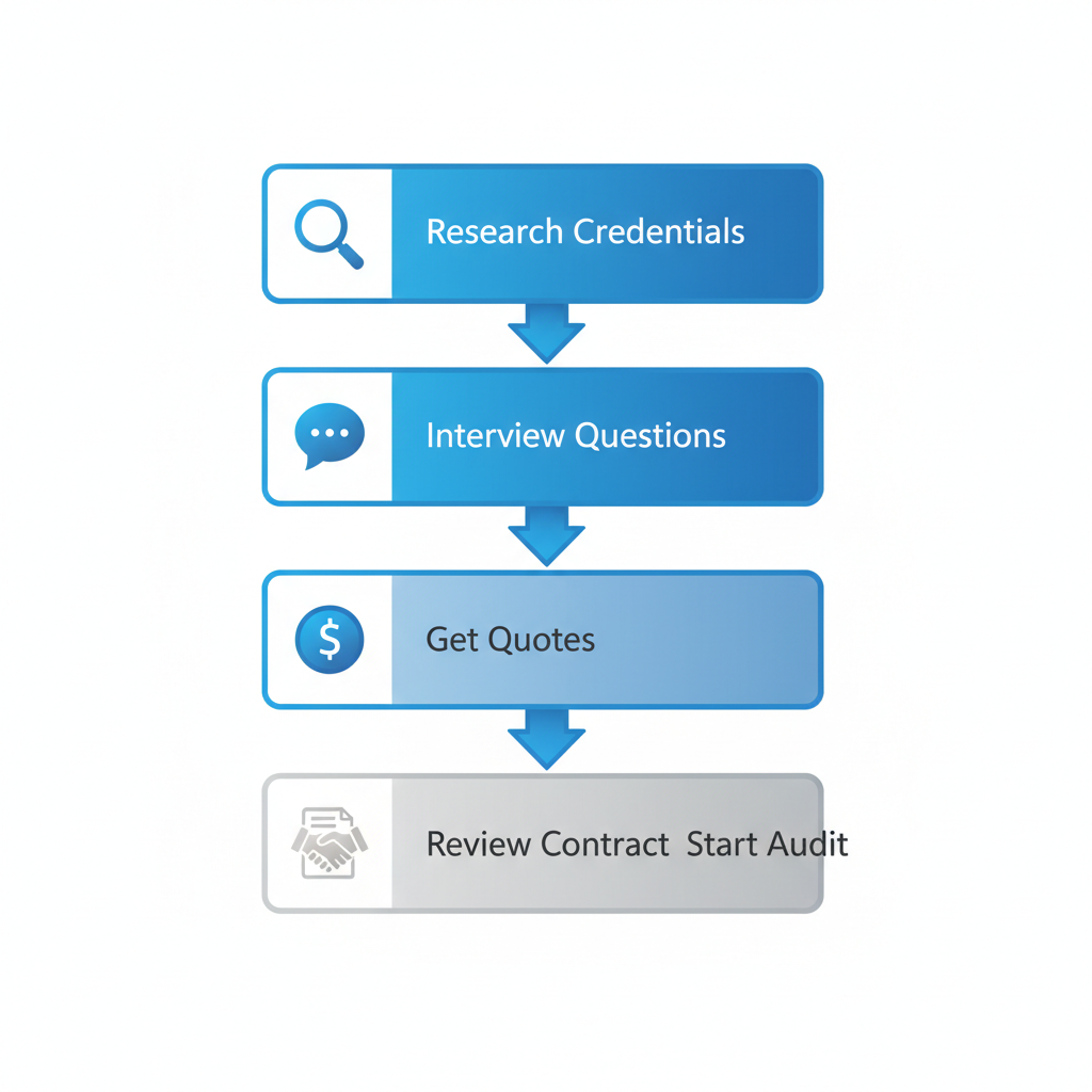 Illustrated vertical process flow showing five steps to hire an SEO consultant in Edmonton with icons and minimal labels