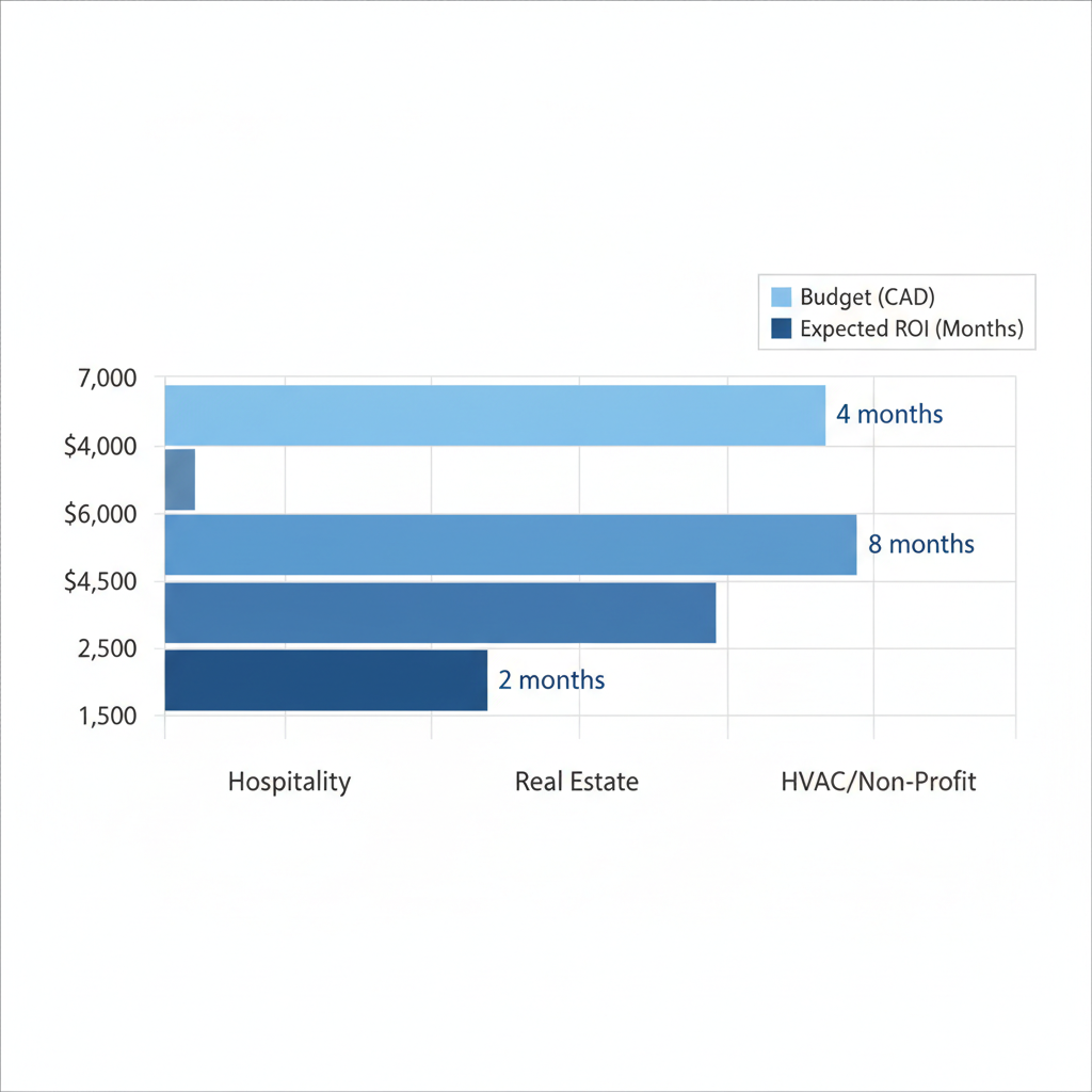 Horizontal bar chart comparing digital marketing budgets and ROI timelines across Edmonton's key business sectors