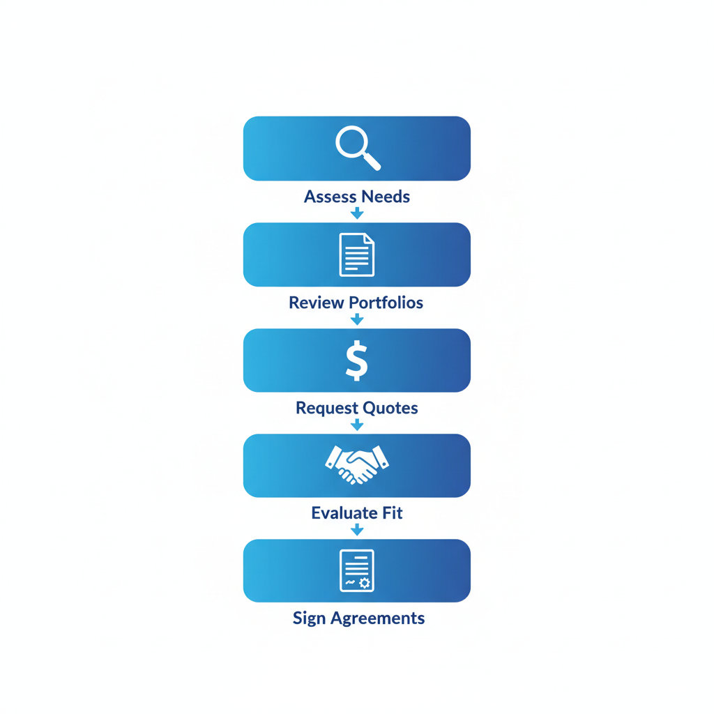 Vertical illustration showing five steps to engage a digital marketing agency: assess needs with magnifying glass, review portfolios with document, request quotes with dollar sign, evaluate fit with handshake, sign agreements with contract icon.