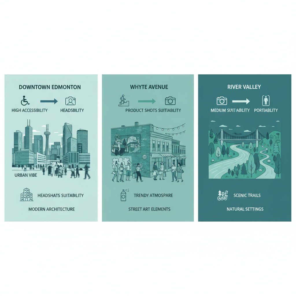 Infographic comparing key photography locations in Edmonton: Downtown, Whyte Avenue, and River Valley with accessibility and features.