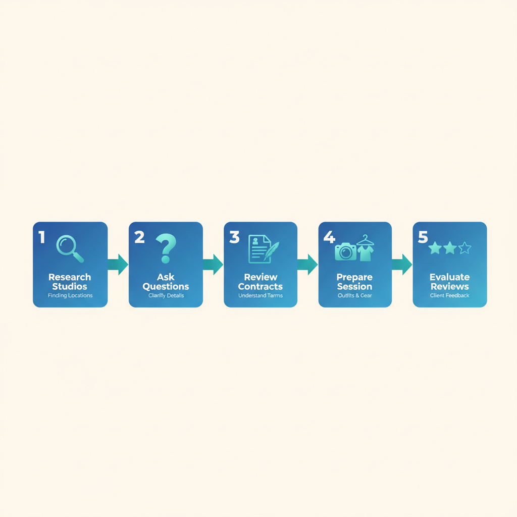 Horizontal process flow diagram illustrating five steps to begin photography services in Edmonton, featuring icons and brief labels.