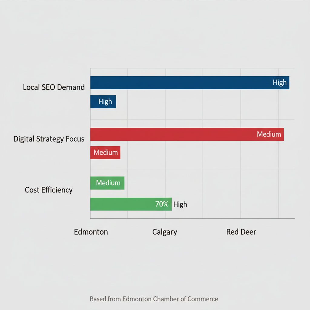 Horizontal bar chart comparing marketing focus areas in Edmonton, Calgary, and Red Deer with qualitative ratings.
