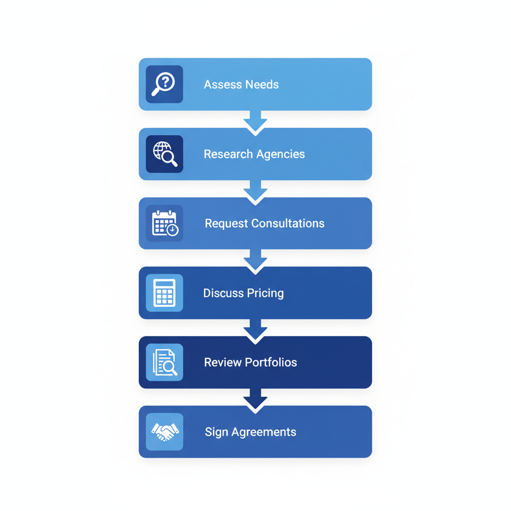 Vertical process flow diagram illustrating six steps to partner with an Edmonton marketing agency, featuring icons for each stage.